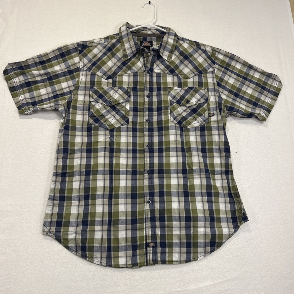 Dickies Mens 2XL Plaid Short Sleeve Shirt Button Up Work Western Green Navy
